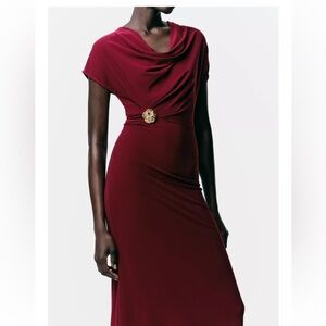 Zara One Shoulder Burgundy Dress with Gold Detail